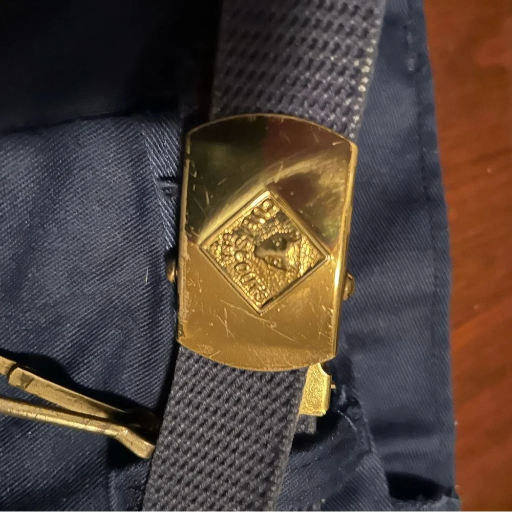 Boy Scout Navy Belt w/SolidBrass Gold Buckle & Patches & 3 merit badge slides.